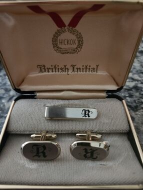 Vtg Hickok British Initial Monogrammed Letter "R" Cufflinks & Tie Bar Set